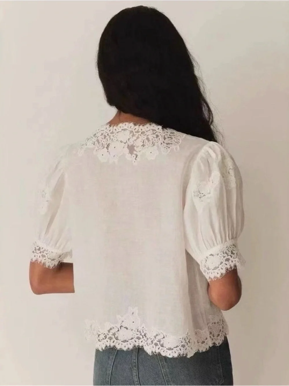 DÔEN Idella Top Salt White Lace Ramie Puff Sleeve Romantic Blouse L Cottagecore